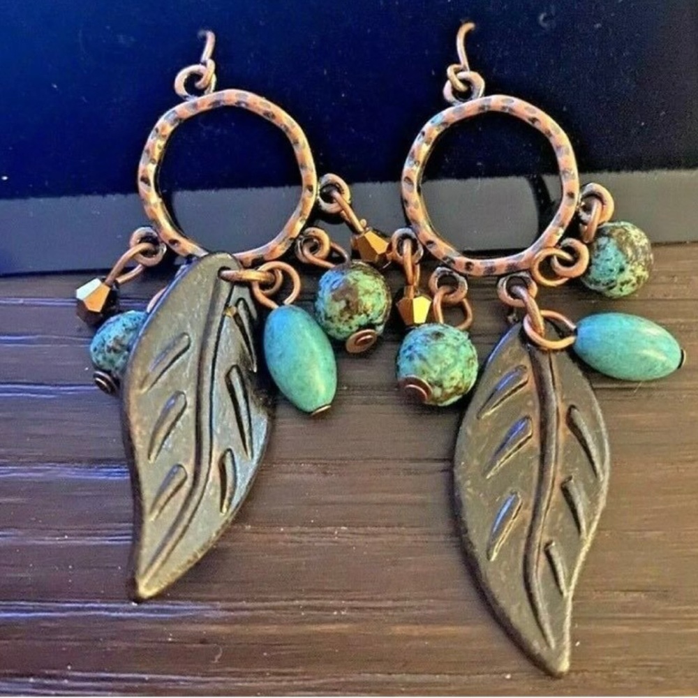 Southwest style Earrings Faux Turquoise Fashion Long 2" Copper-tone